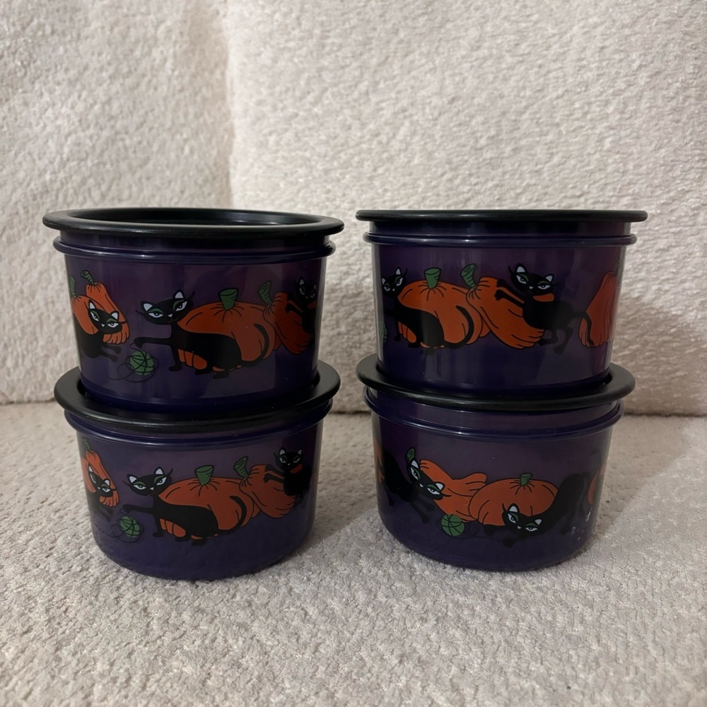 Tupperware Vintage Retired Purple Halloween Cat and Pumpkin Containers Set of 4